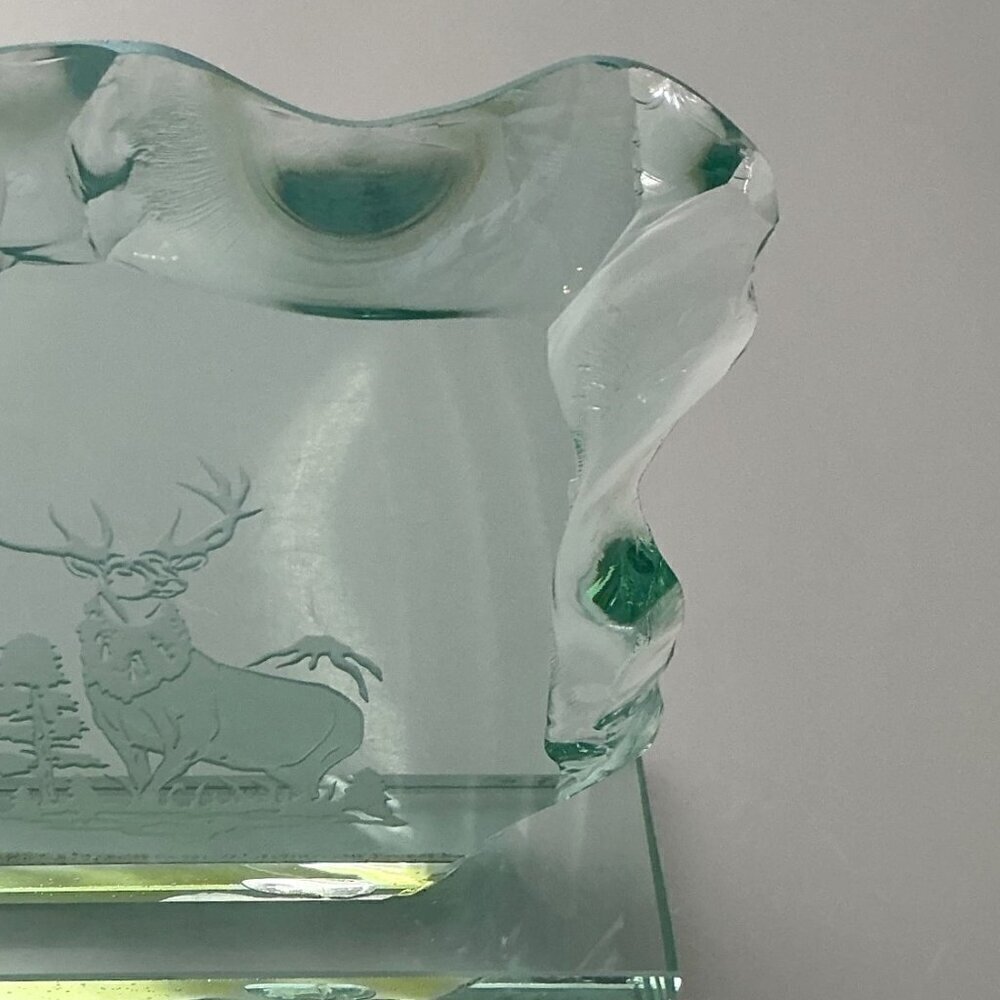 VINTAGE 1960S SWEDISH STYLE ART GLASS ICE BLOCK SCULPTURE – ETCHED STAG / DEER - Picture 12 of 14